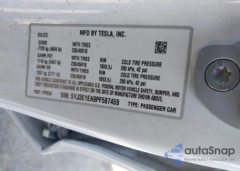 2023 Tesla Model 3 Rear-Wheel Drive z USA, uszkodzony, nr VIN 5YJ3E1EA9PF587459